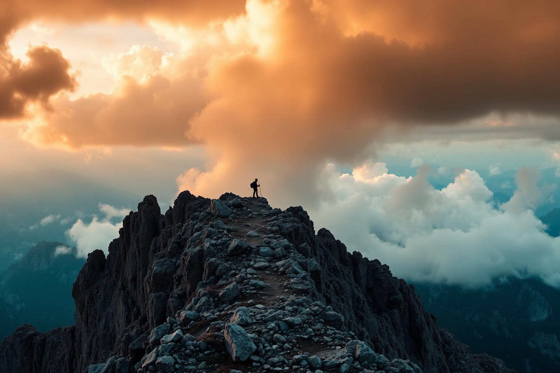 Hiker on an alpine ridge at golden hour