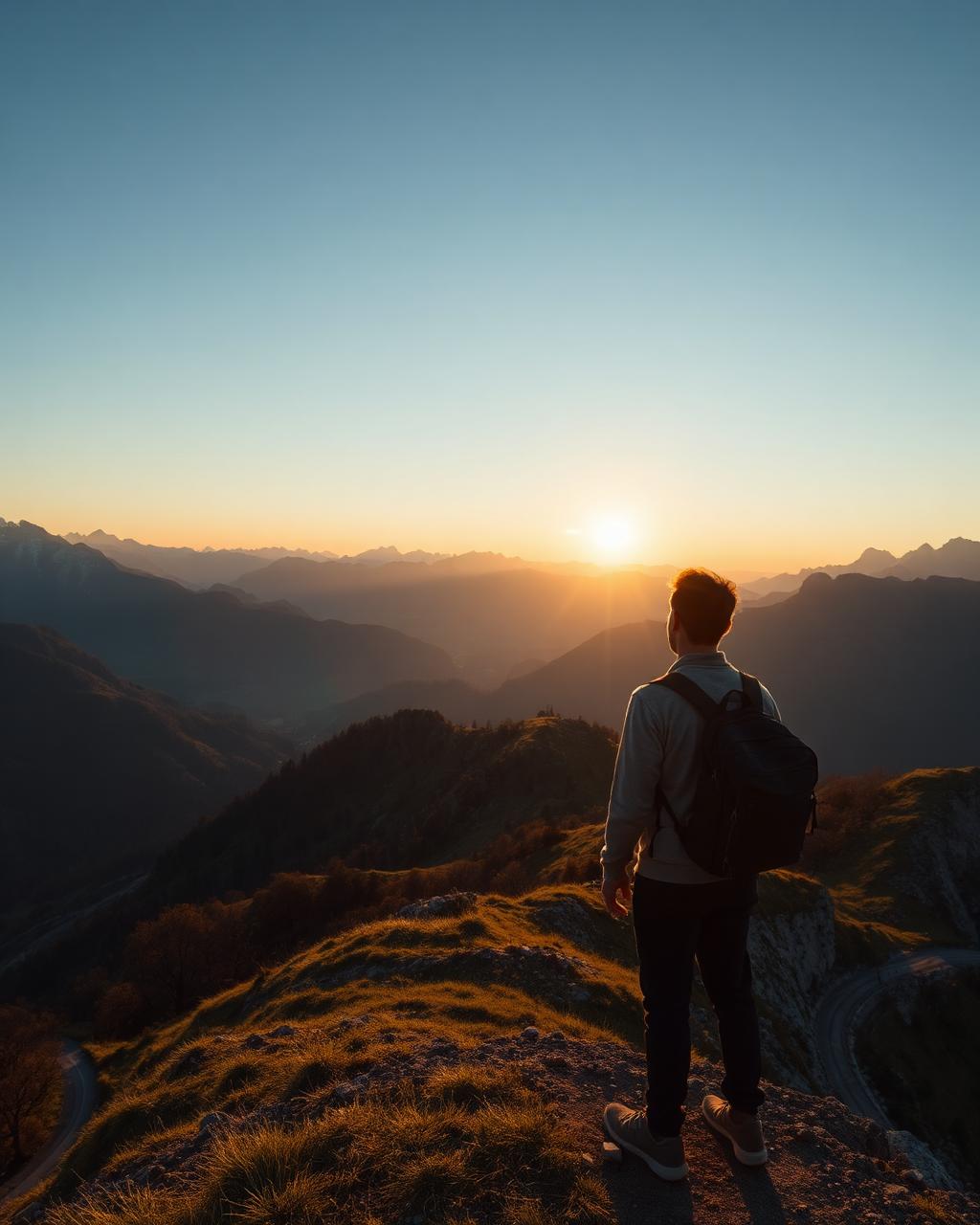 Traveler looking out over a European mountain landscape at sunset